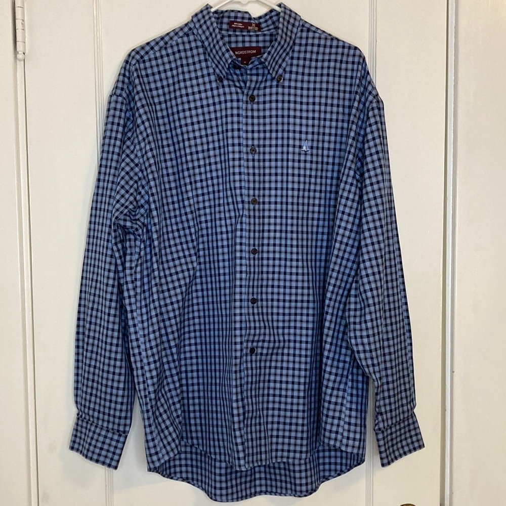 Nordstrom Mens Button Up Blue Plaid Dress Shirt